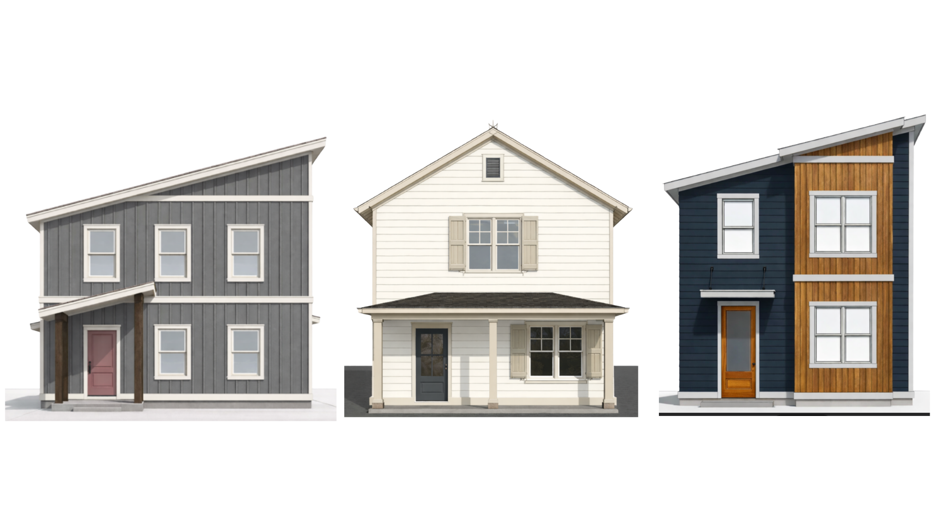 Barnett Grove House Designs - Gray two-story home, cream traditional home, and dark modern home with wood accent